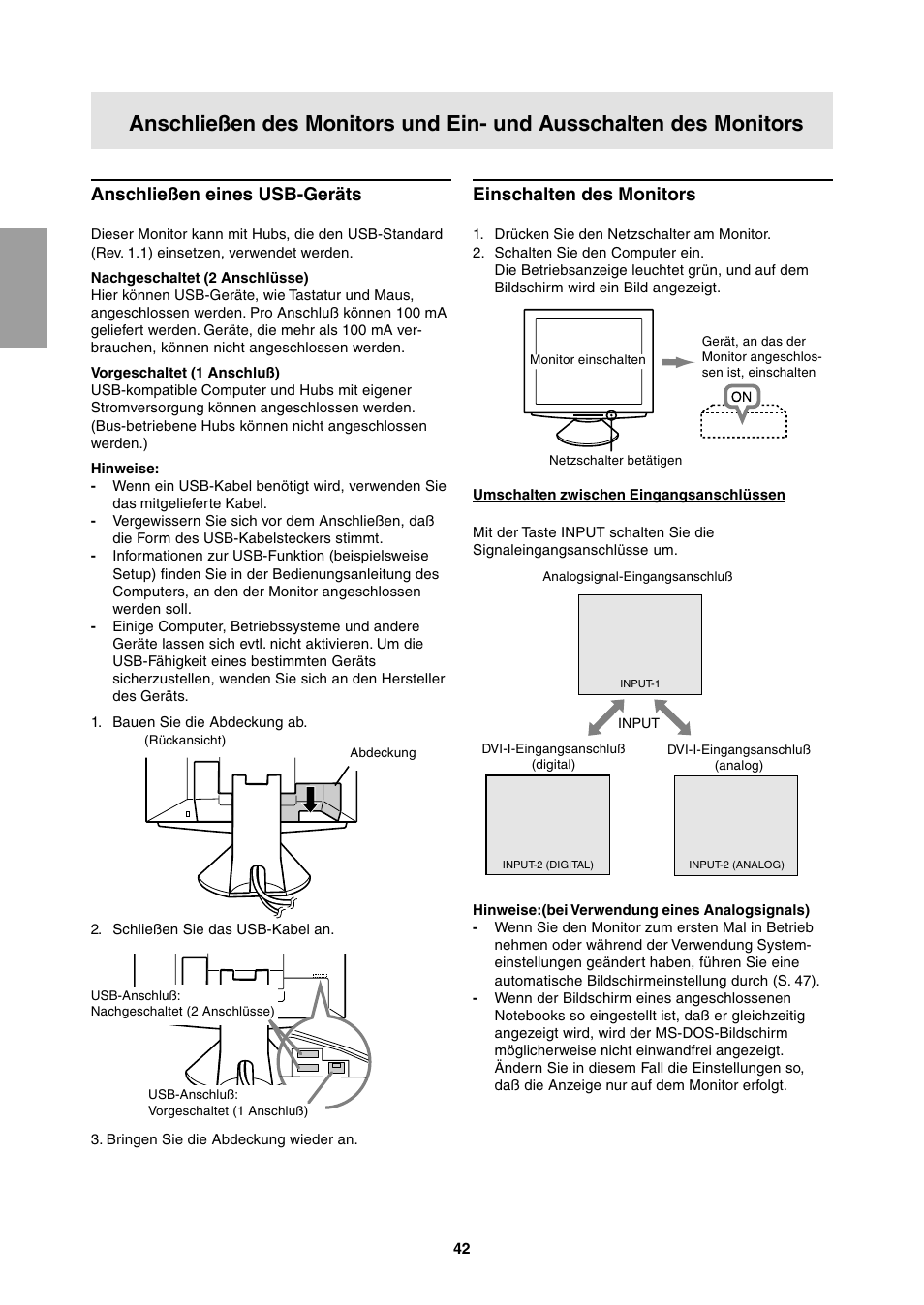 Anschließen eines usb-geräts, Einschalten des monitors | Sharp LL-T1811W User Manual | Page 42 / 144