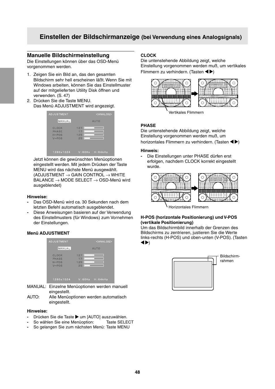 Einstellen der bildschirmanzeige, Manuelle bildschirmeinstellung, Bei verwendung eines analogsignals) | Sharp LL-T1811W User Manual | Page 48 / 144