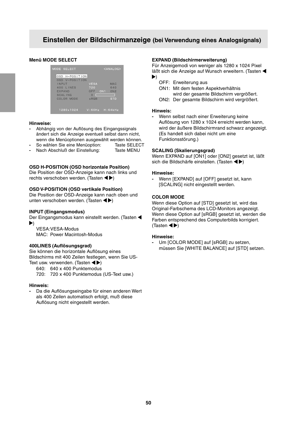 Einstellen der bildschirmanzeige, Bei verwendung eines analogsignals) | Sharp LL-T1811W User Manual | Page 50 / 144