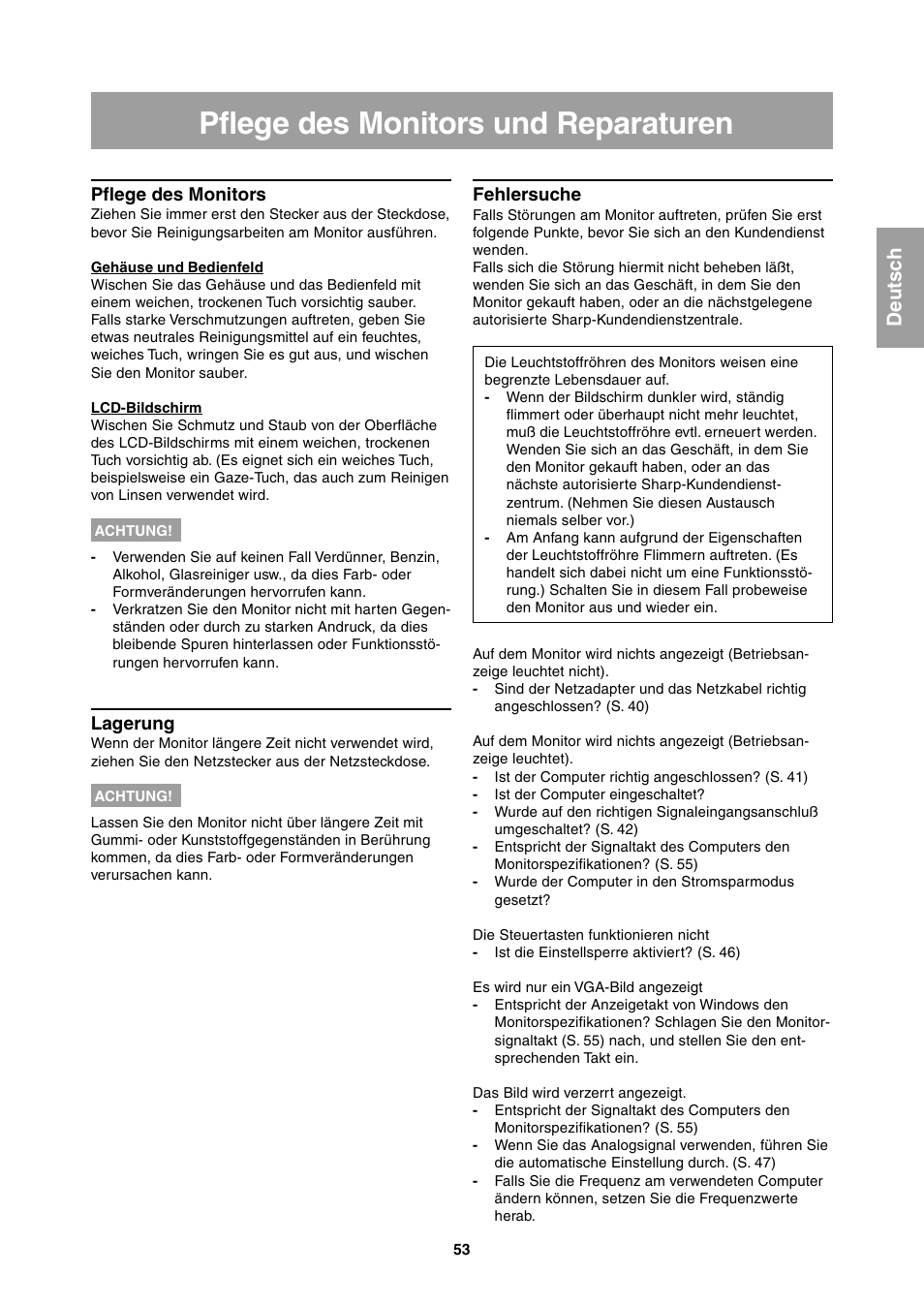 Pflege des monitors und reparaturen | Sharp LL-T1811W User Manual | Page 53 / 144