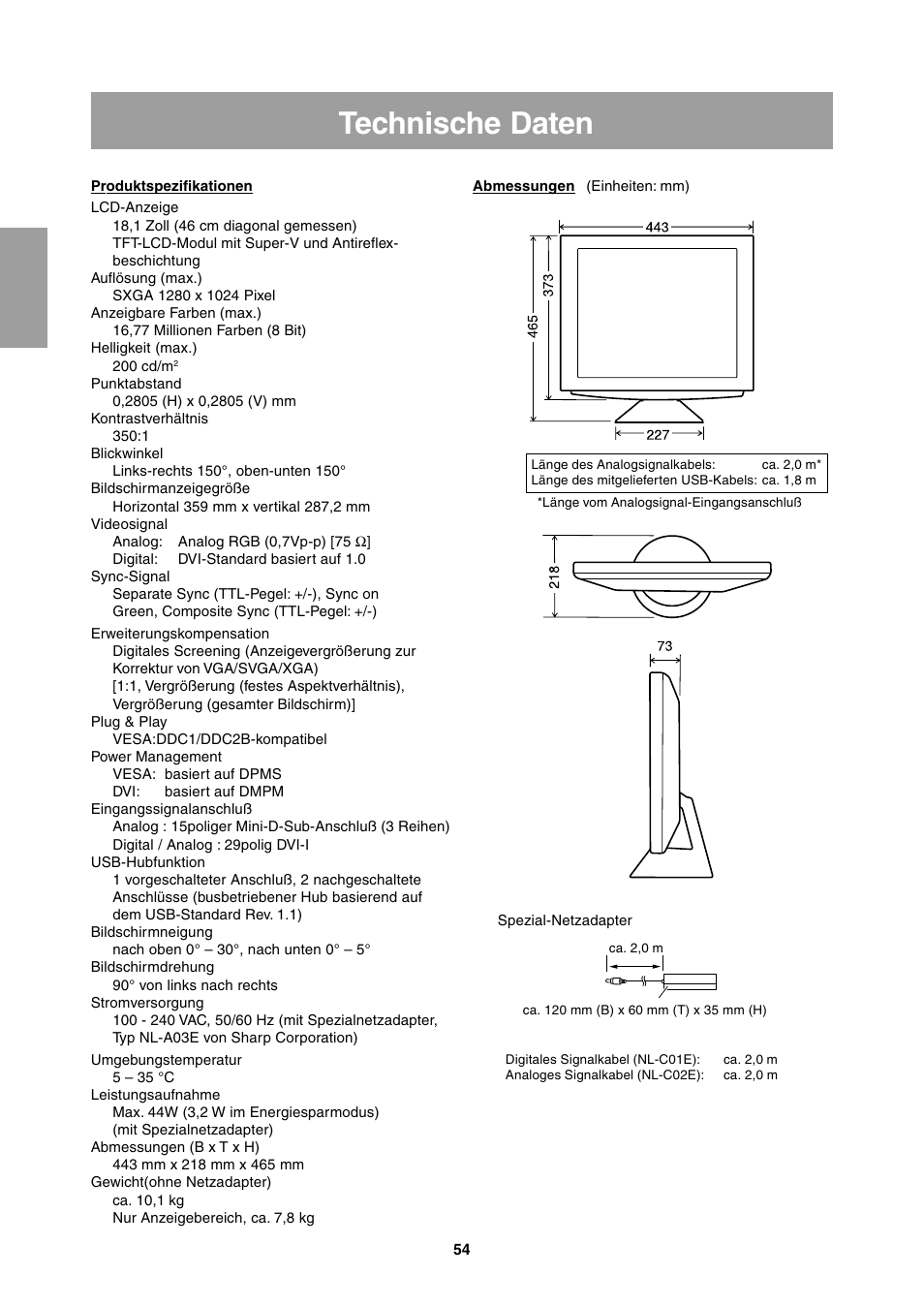 Technische daten | Sharp LL-T1811W User Manual | Page 54 / 144