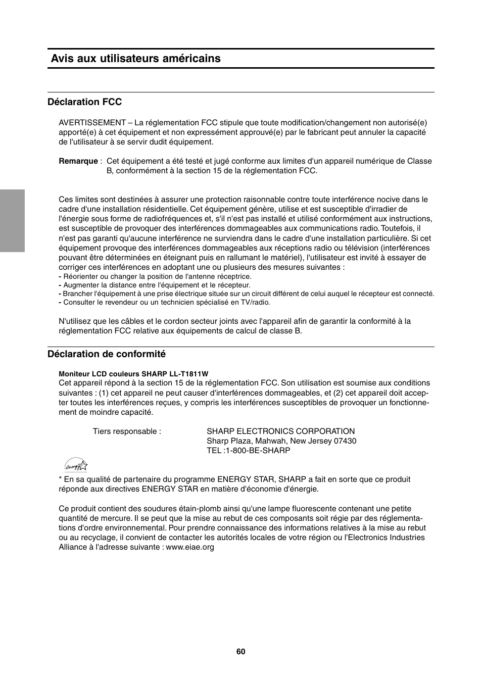 Avis aux utilisateurs américains | Sharp LL-T1811W User Manual | Page 60 / 144