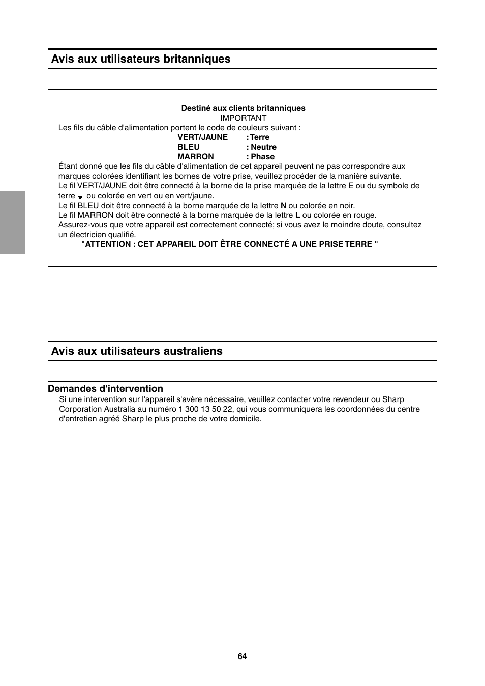 Avis aux utilisateurs britanniques, Avis aux utilisateurs australiens | Sharp LL-T1811W User Manual | Page 64 / 144