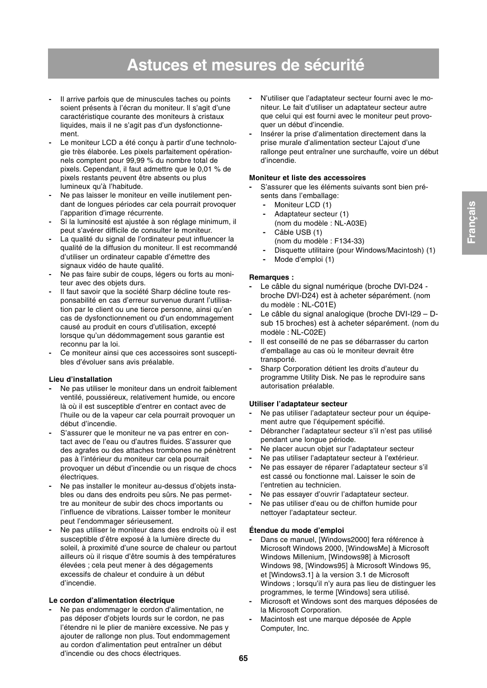 Astuces et mesures de sécurité | Sharp LL-T1811W User Manual | Page 65 / 144