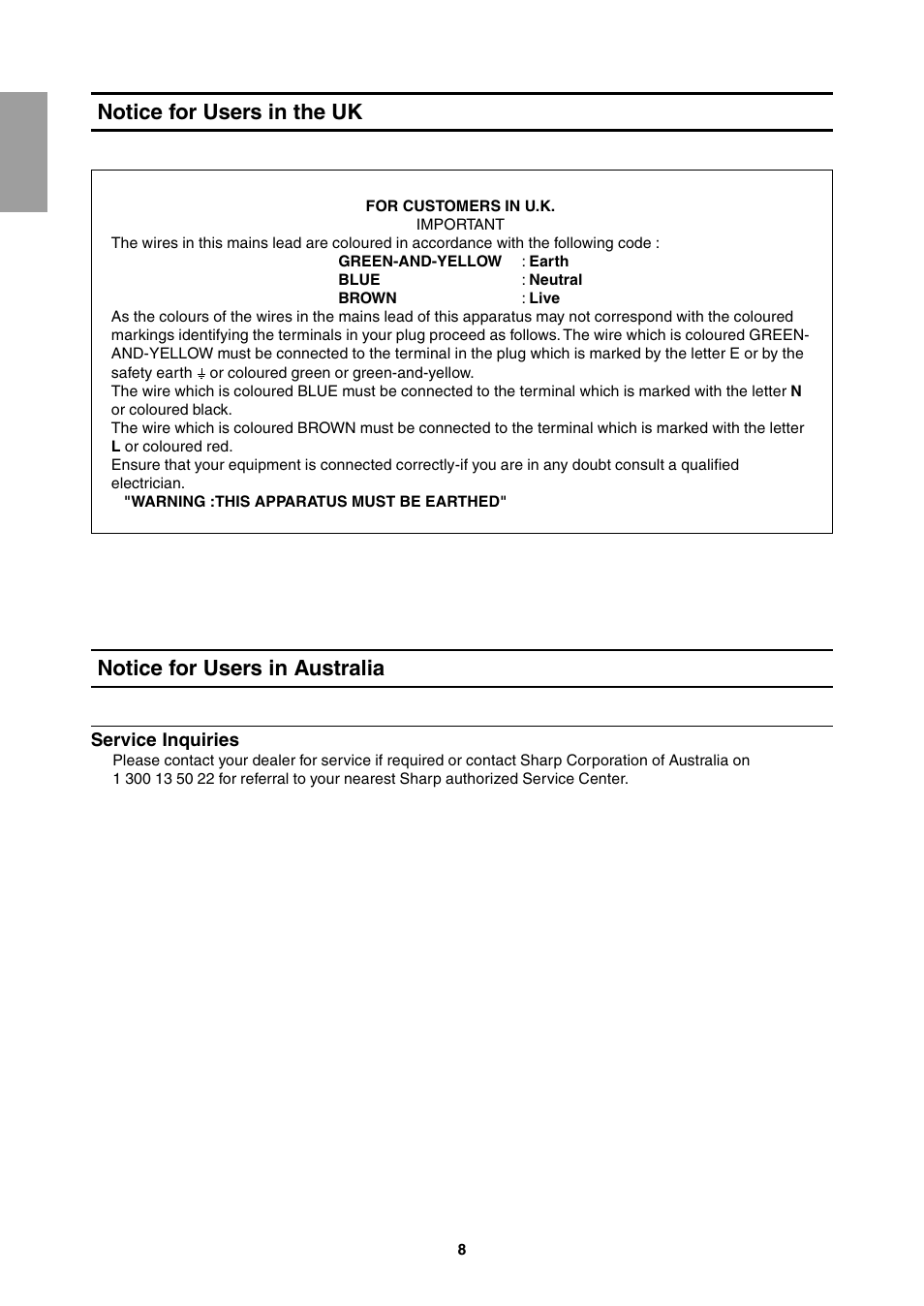 Notice for users in the uk, Notice for users in australia | Sharp LL-T1811W User Manual | Page 8 / 144