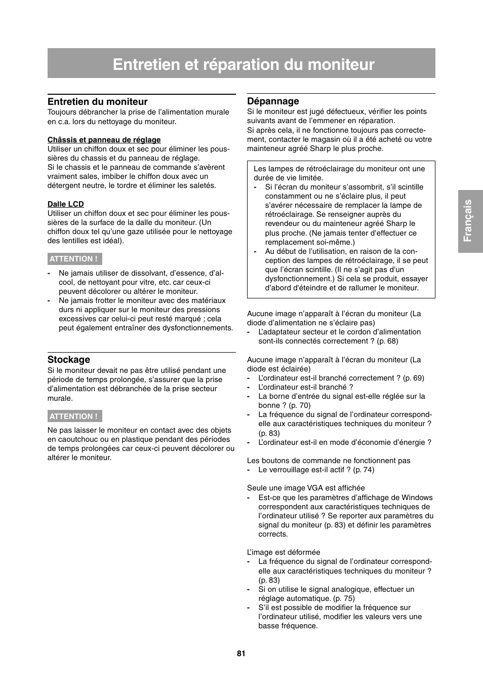 Entretien et réparation du moniteur | Sharp LL-T1811W User Manual | Page 81 / 144