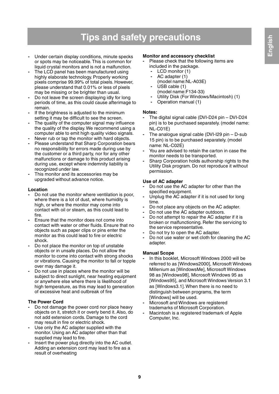 Tips and safety precautions, English | Sharp LL-T1811W User Manual | Page 9 / 144