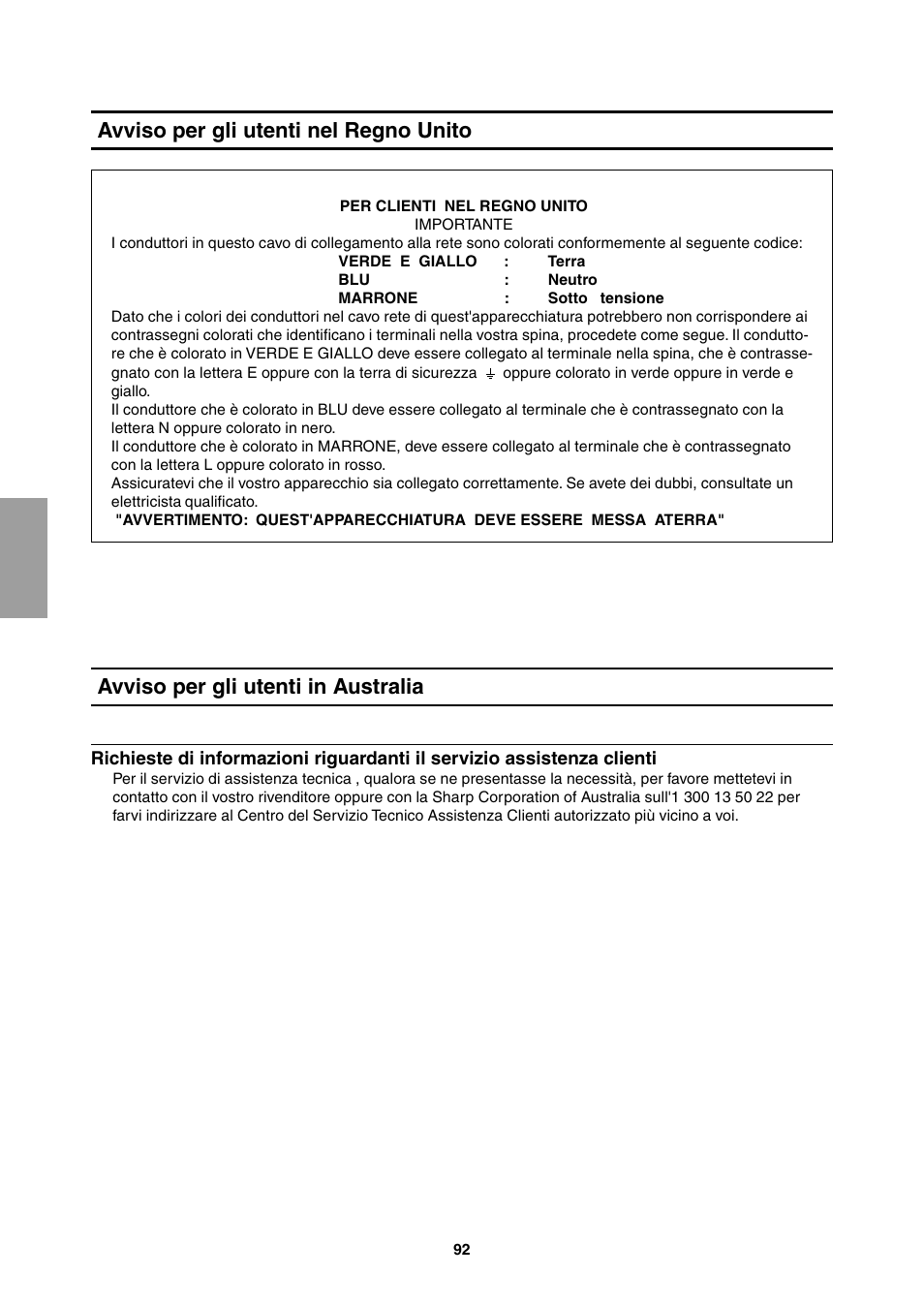 Avviso per gli utenti nel regno unito, Avviso per gli utenti in australia | Sharp LL-T1811W User Manual | Page 92 / 144