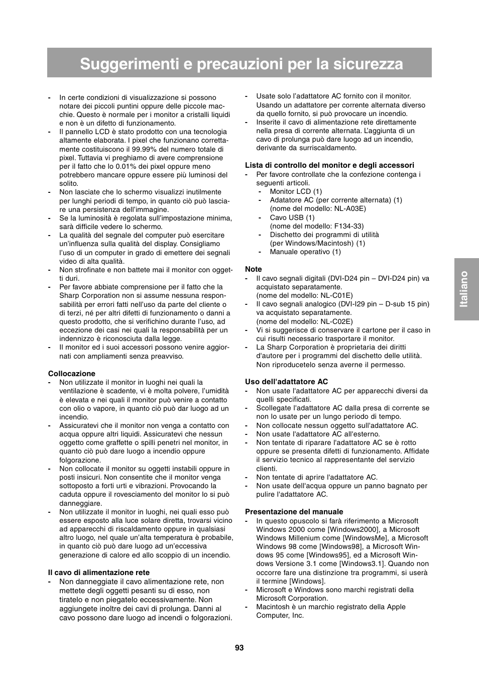 Suggerimenti e precauzioni per la sicurezza | Sharp LL-T1811W User Manual | Page 93 / 144