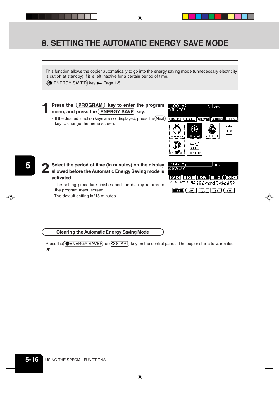 Setting the automatic energy save mode | Sharp AR-651 User Manual | Page 106 / 178