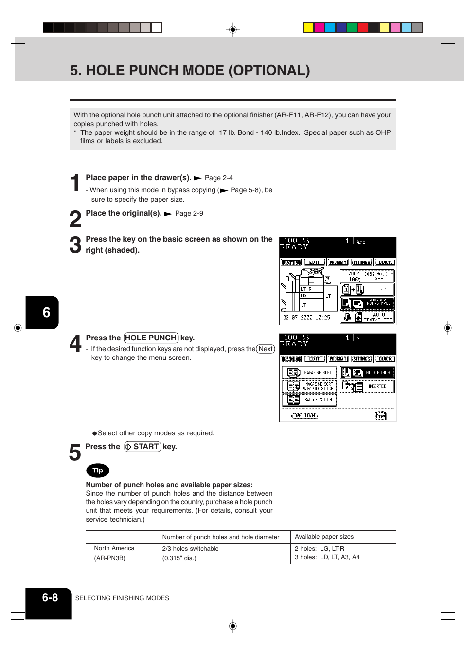 Hole punch mode (optional) | Sharp AR-651 User Manual | Page 128 / 178