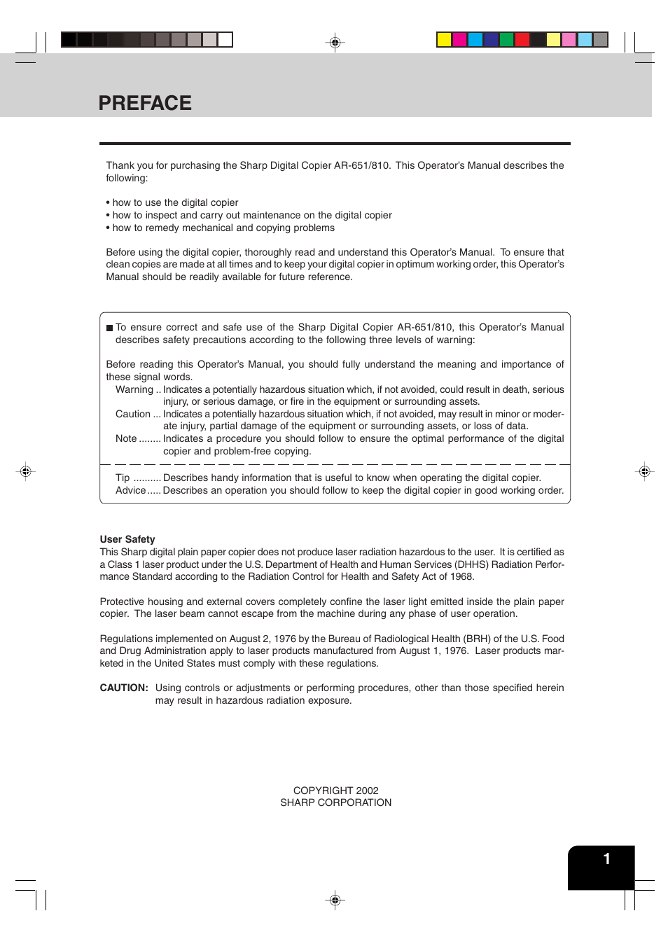 Preface | Sharp AR-651 User Manual | Page 5 / 178