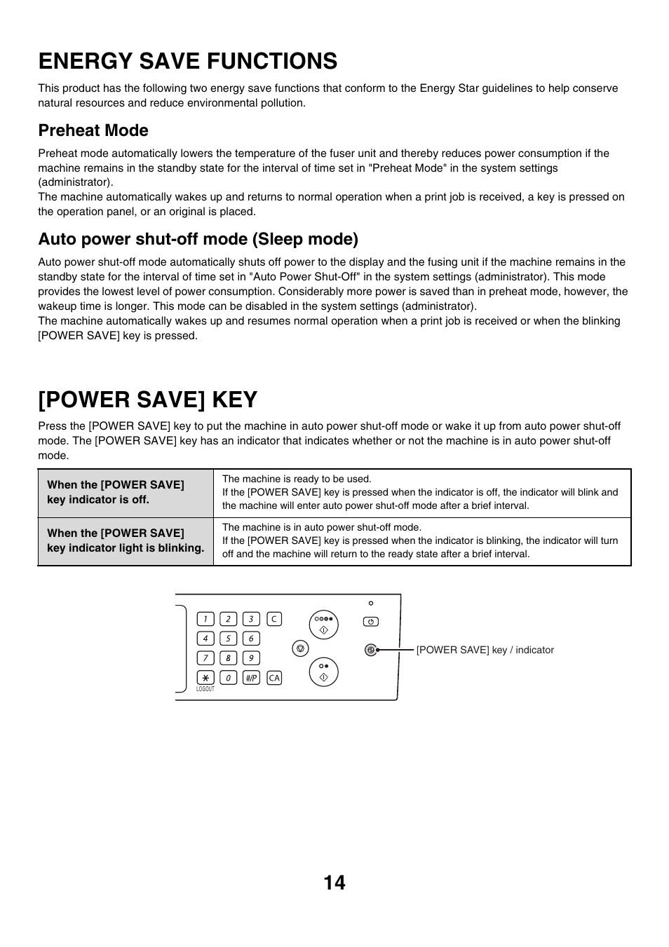Energy save functions, Power save] key, Preheat mode | Auto power shut-off mode (sleep mode) | Sharp MX-2700N User Manual | Page 15 / 67
