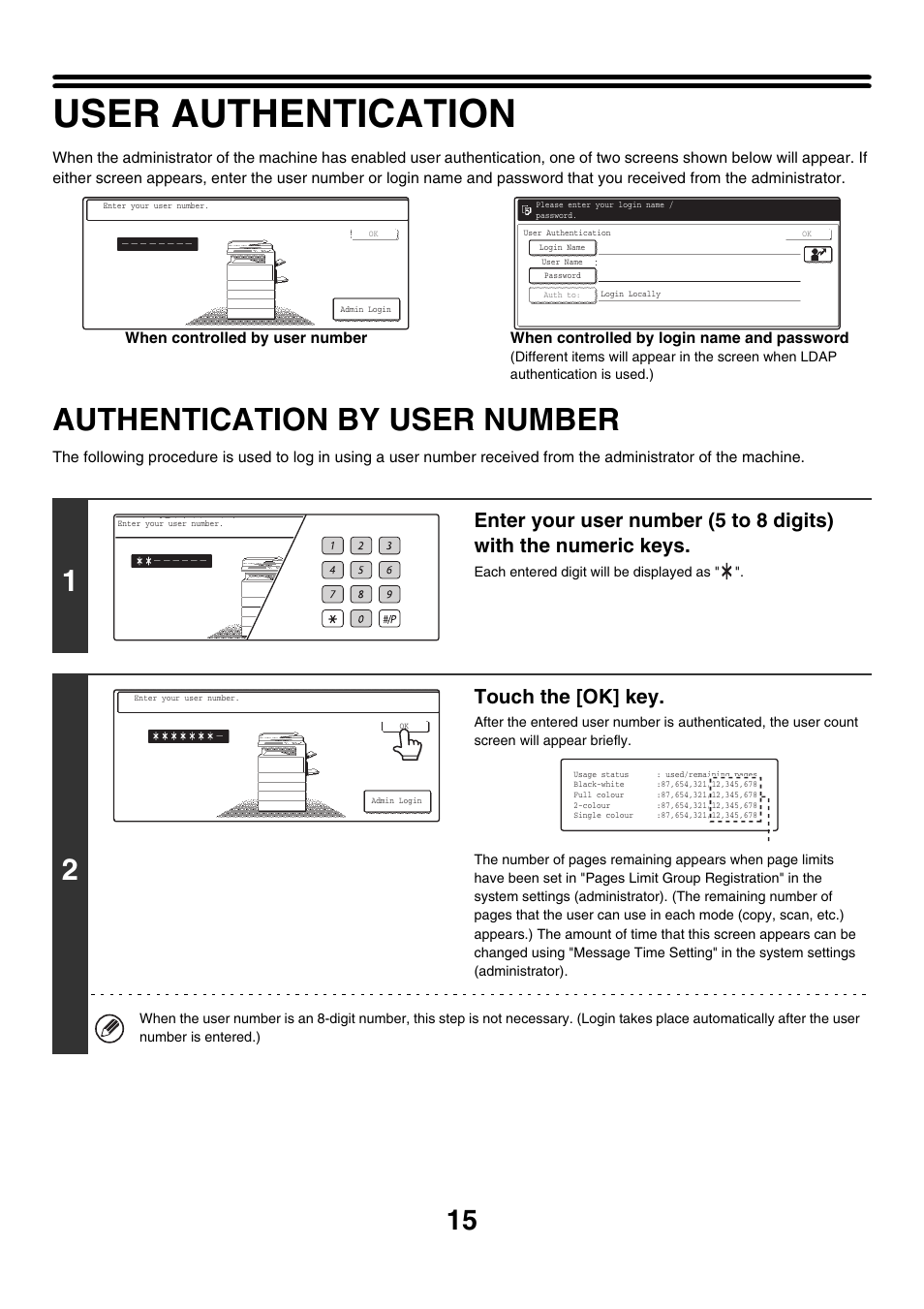 User authentication, Authentication by user number, Touch the [ok] key | Sharp MX-2700N User Manual | Page 16 / 67