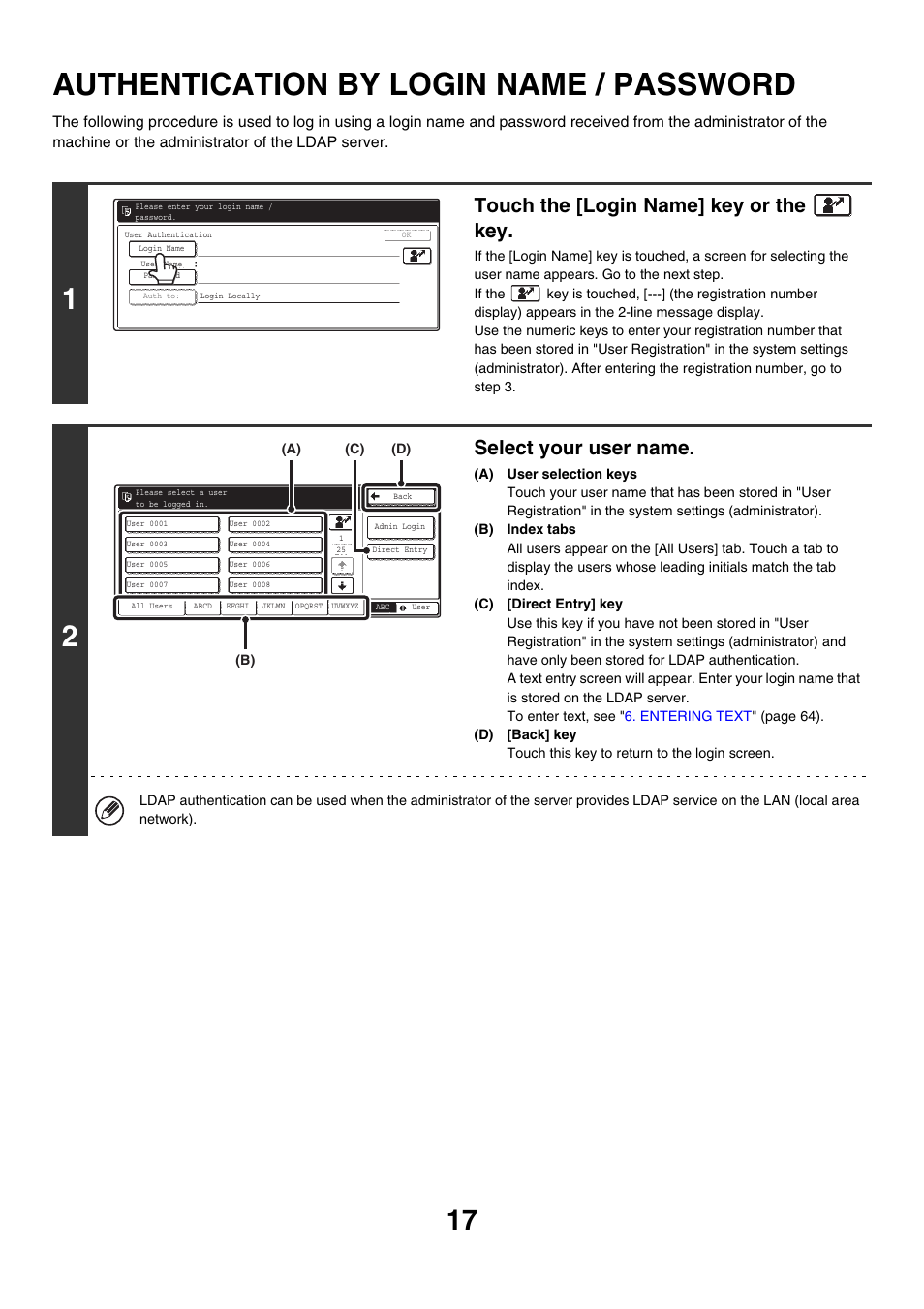 Authentication by login name / password, Authentication by login name, Password | Touch the [login name] key or the key, Select your user name | Sharp MX-2700N User Manual | Page 18 / 67