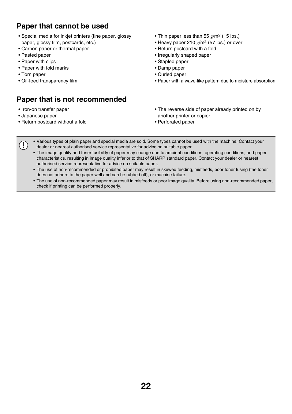 Paper that cannot be used, Paper that is not recommended | Sharp MX-2700N User Manual | Page 23 / 67
