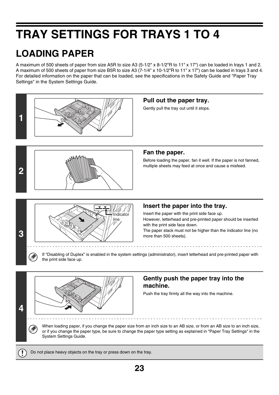 Tray settings for trays 1 to 4, Loading paper | Sharp MX-2700N User Manual | Page 24 / 67