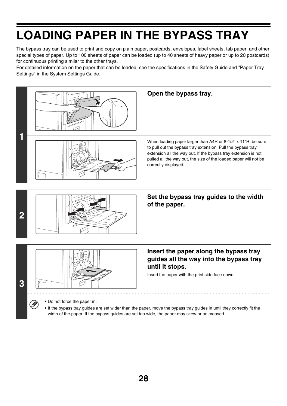 Loading paper in the bypass tray, E 28) | Sharp MX-2700N User Manual | Page 29 / 67
