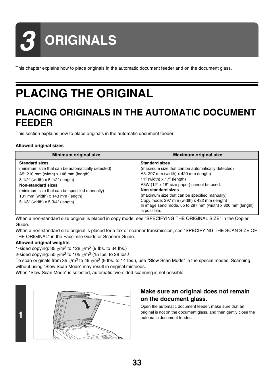 Originals, Placing the original, Placing originals in the automatic document feeder | Placing originals in the automatic, Document feeder | Sharp MX-2700N User Manual | Page 34 / 67