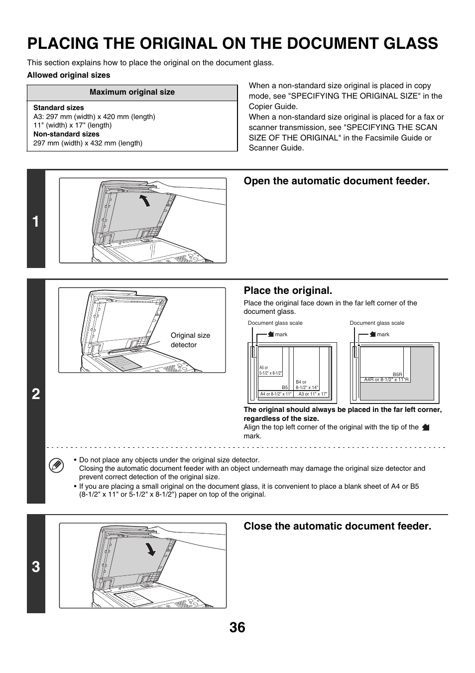 Placing the original on the document glass, Placing the original on the, Document glass | Age 36, Open the automatic document feeder, Place the original, Close the automatic document feeder | Sharp MX-2700N User Manual | Page 37 / 67