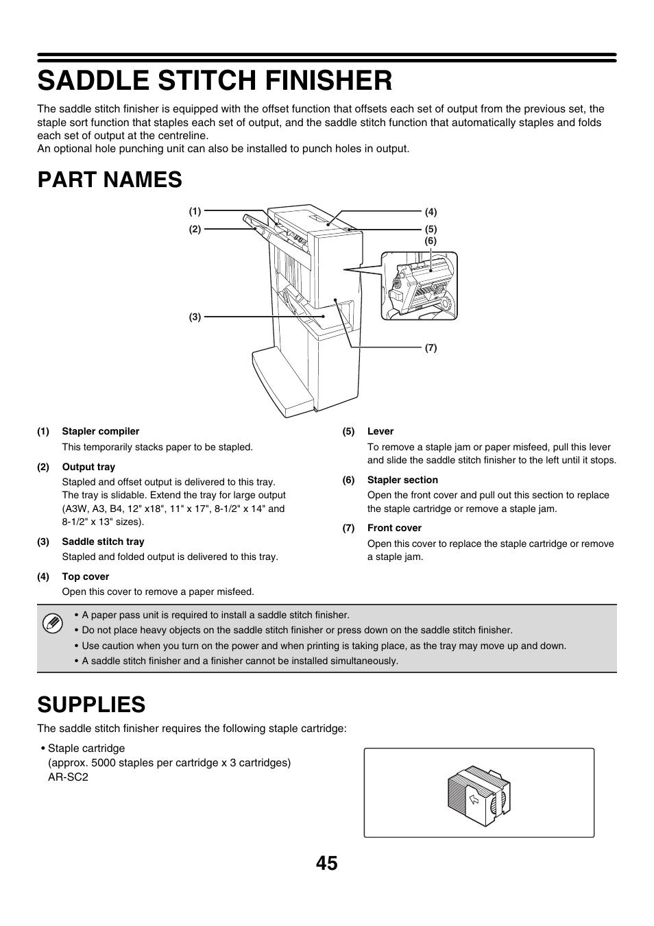 Saddle stitch finisher, Part names, Supplies | Sharp MX-2700N User Manual | Page 46 / 67