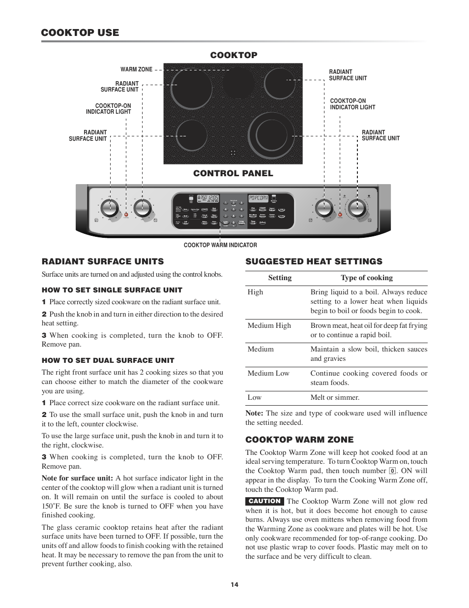 Surface units, Suggested heat settings, Cooktop use | Radiant surface units, Cooktop warm zone, Cooktop, Control panel | Sharp KB-3411J User Manual | Page 14 / 40