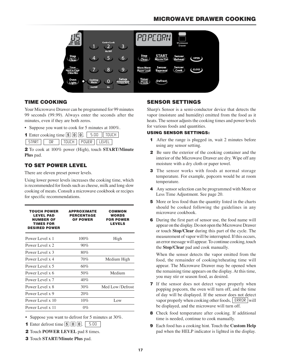 Time cooking, To set power level, Sensor settings | Microwave drawer cooking | Sharp KB-3411J User Manual | Page 17 / 40