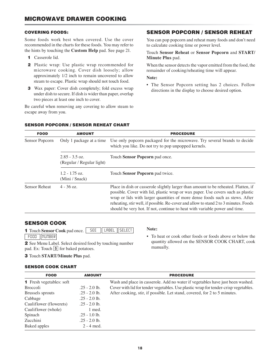 Sensor popcorn / sensor reheat, Sensor cook, Microwave drawer cooking | Sharp KB-3411J User Manual | Page 18 / 40