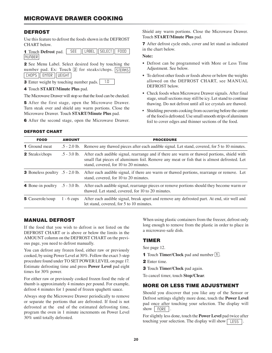 Manual defrost timer more or less time adjustment, Microwave drawer cooking | Sharp KB-3411J User Manual | Page 20 / 40