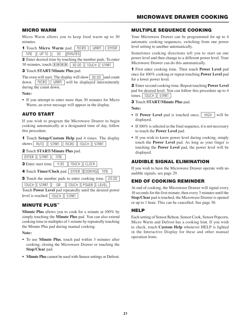 Micro warm auto start minute plus, Multiple sequence cooking, Microwave drawer cooking | Sharp KB-3411J User Manual | Page 21 / 40