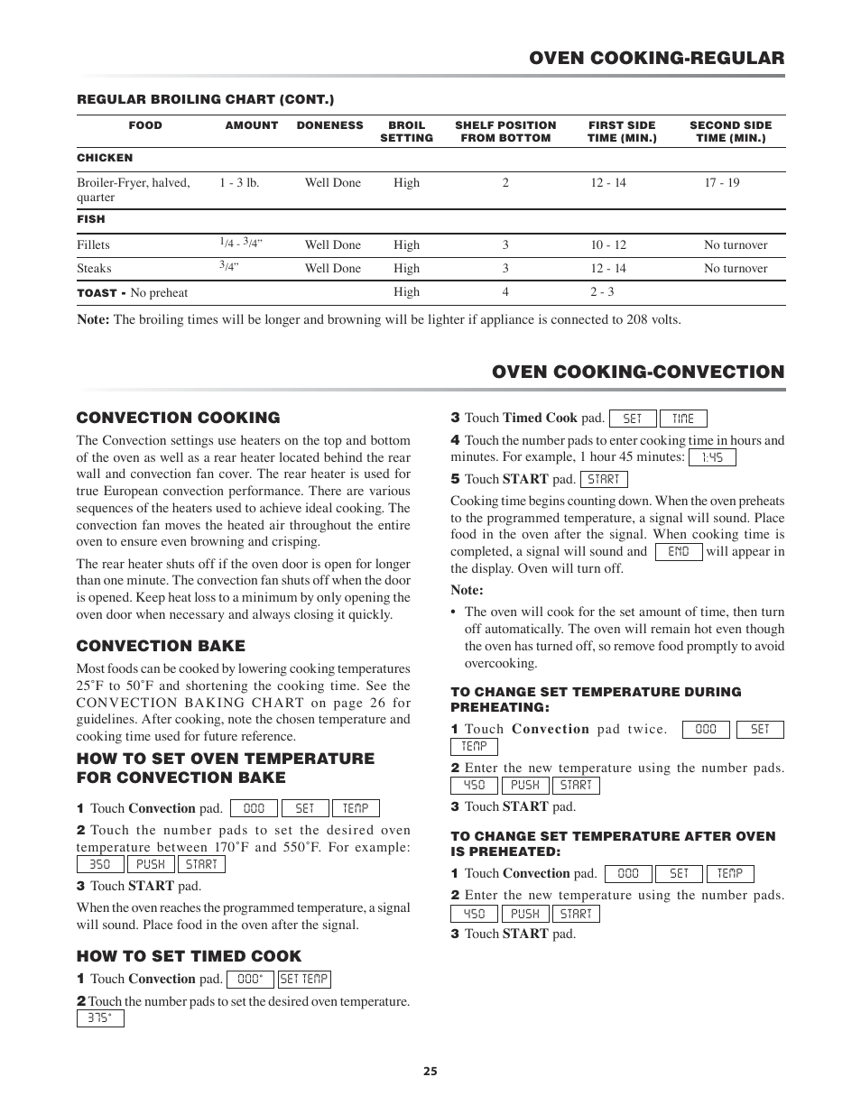 How to set timed cook, How to start self-clean, Oven cooking-convection | Oven cooking-regular | Sharp KB-3411J User Manual | Page 25 / 40