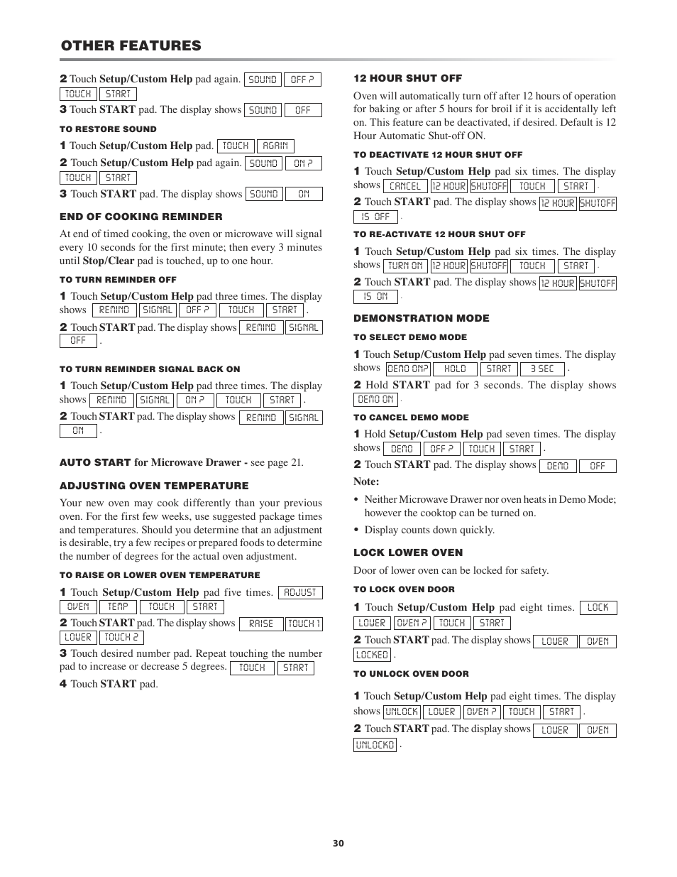 How to set delay start, Oven light, Timer | 3 minute plus control lock, Setup/custom help, Other features | Sharp KB-3411J User Manual | Page 30 / 40