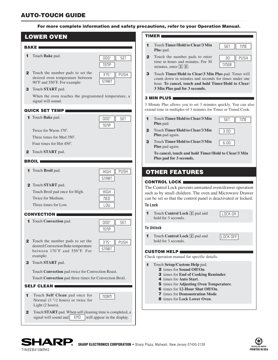 Auto-touch guide, Lower oven, Other features | Sharp KB-3411J User Manual | Page 40 / 40