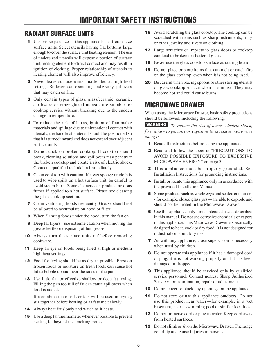 Units, Important safety instructions, Radiant surface units | Microwave drawer | Sharp KB-3411J User Manual | Page 6 / 40