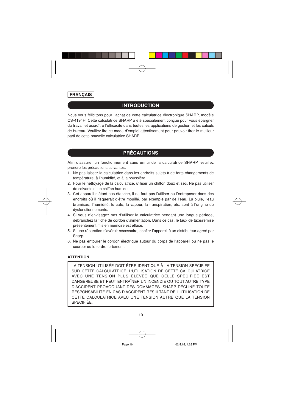 Introduction précautions | Sharp CS-4194H User Manual | Page 12 / 44