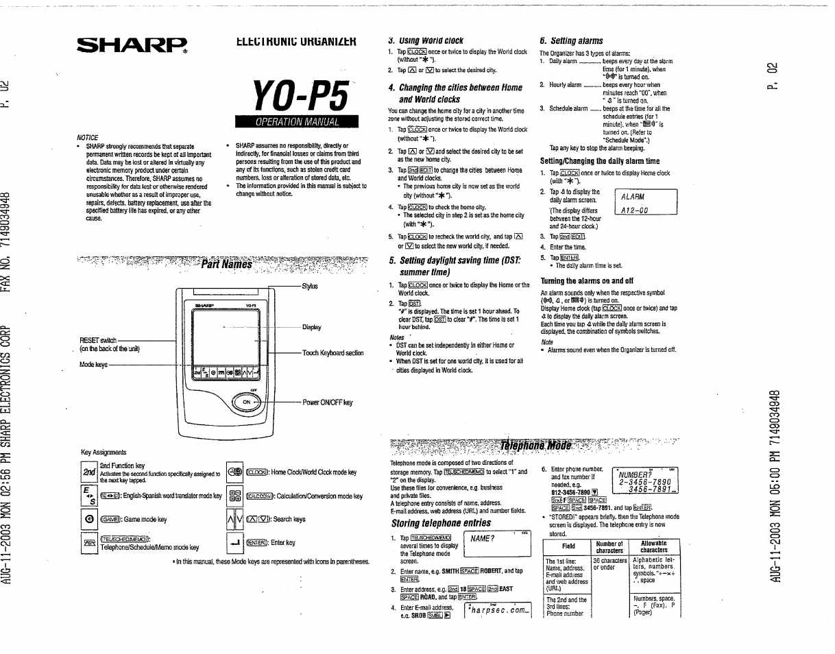 Sharp Y0-P5 User Manual | 2 pages