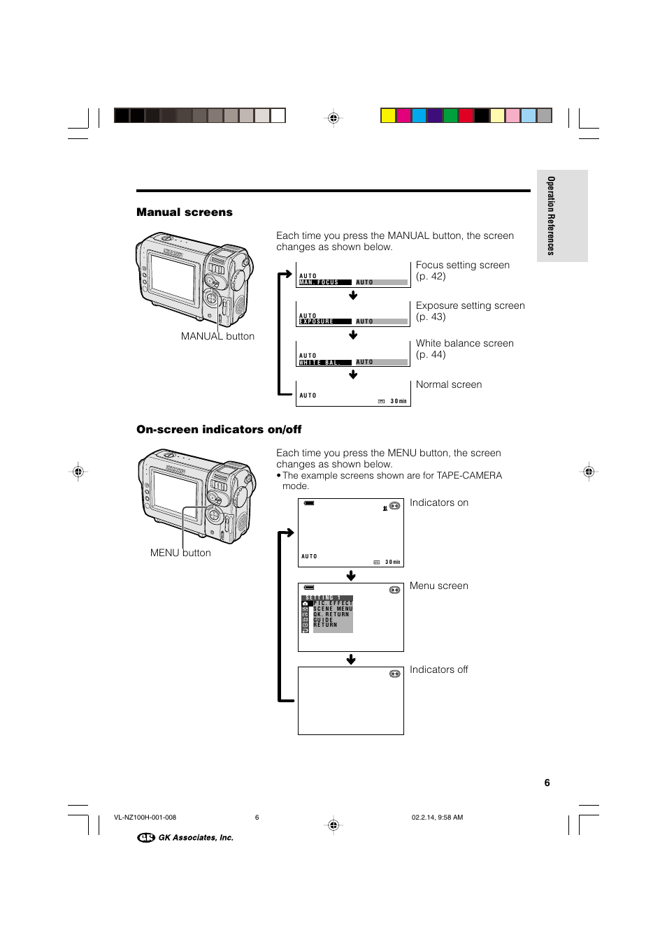 Manual screens on-screen indicators on/off, Manual button menu button | Sharp VL-NZ100S User Manual | Page 17 / 91