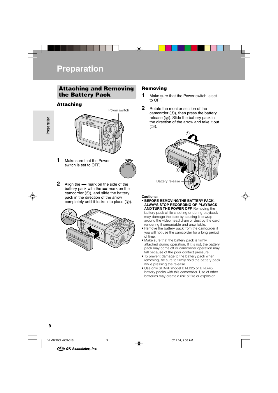 Preparation, Attaching and removing the battery pack | Sharp VL-NZ100S User Manual | Page 20 / 91