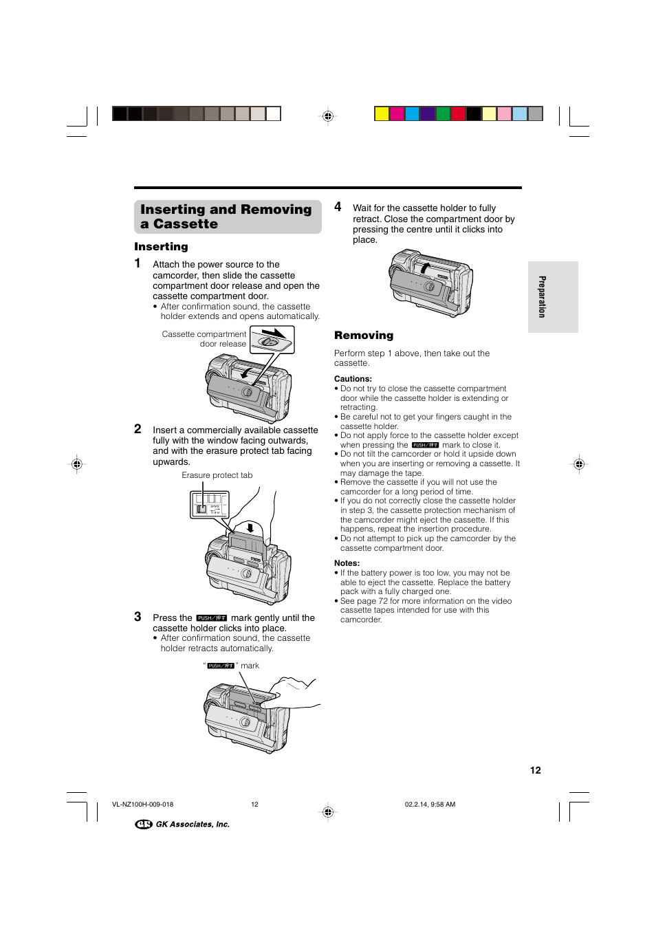 Inserting and removing a cassette, Inserting, Removing | Sharp VL-NZ100S User Manual | Page 23 / 91