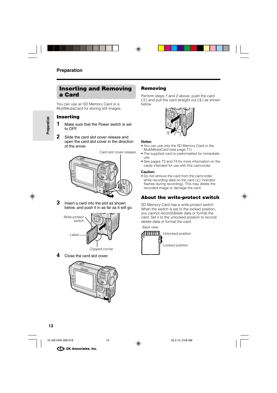 Inserting and removing a card | Sharp VL-NZ100S User Manual | Page 24 / 91