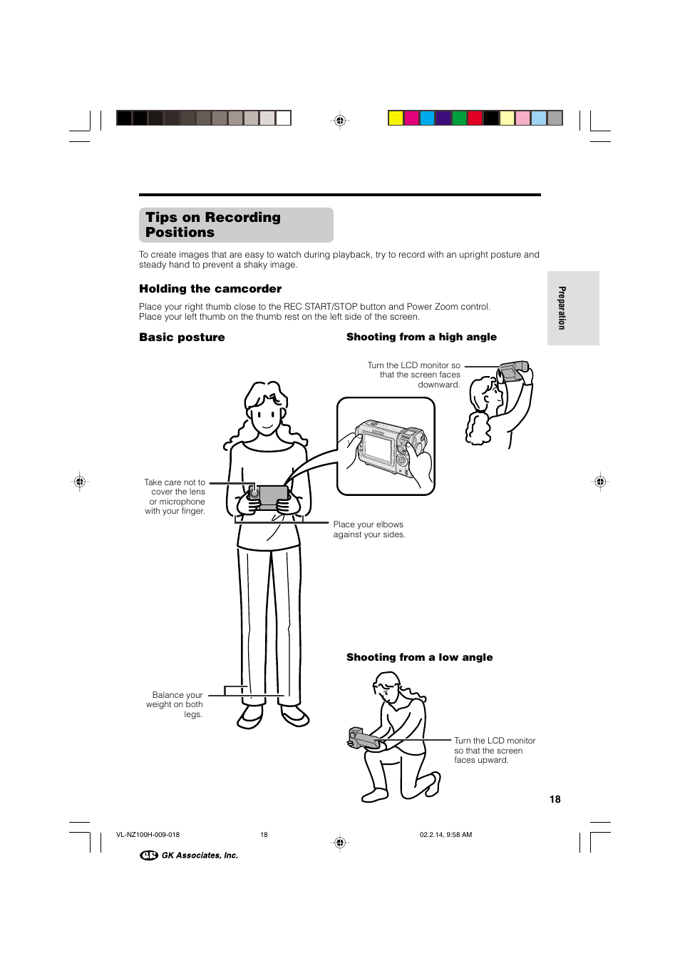 Tips on recording positions, Holding the camcorder, Basic posture | Sharp VL-NZ100S User Manual | Page 29 / 91