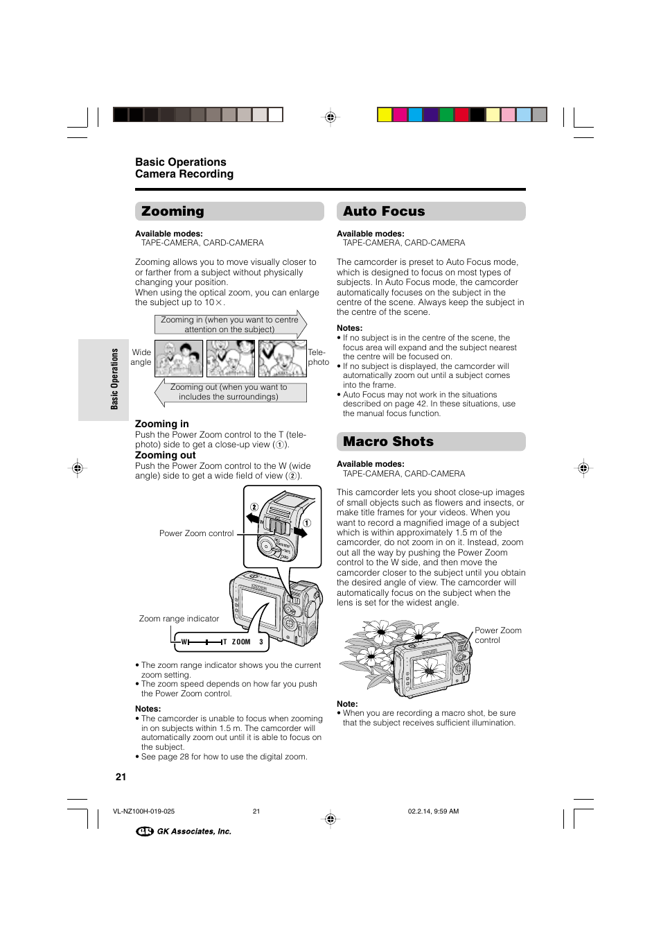 Zooming, Auto focus, Macro shots | Basic operations camera recording | Sharp VL-NZ100S User Manual | Page 32 / 91