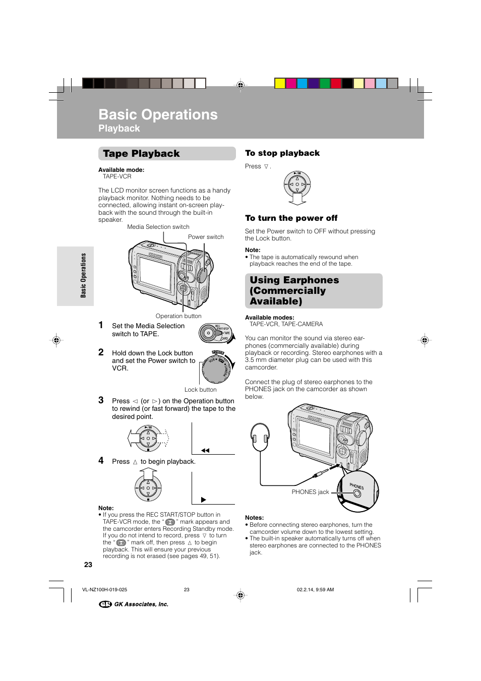 Basic operations, Tape playback, Playback | Using earphones (commercially available) | Sharp VL-NZ100S User Manual | Page 34 / 91