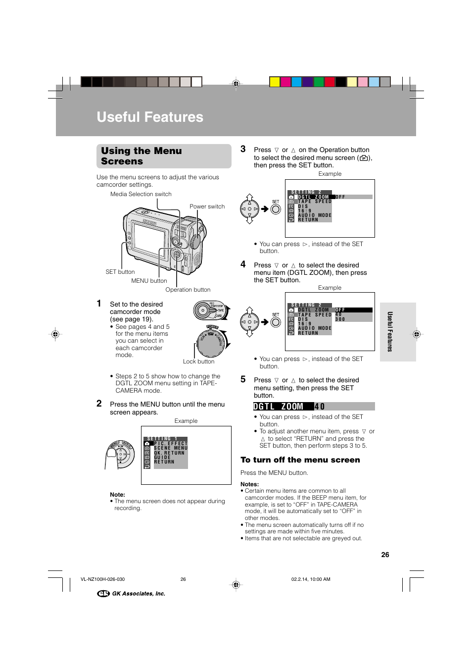Useful features, Using the menu screens, 04 dg t l zoom | Sharp VL-NZ100S User Manual | Page 37 / 91