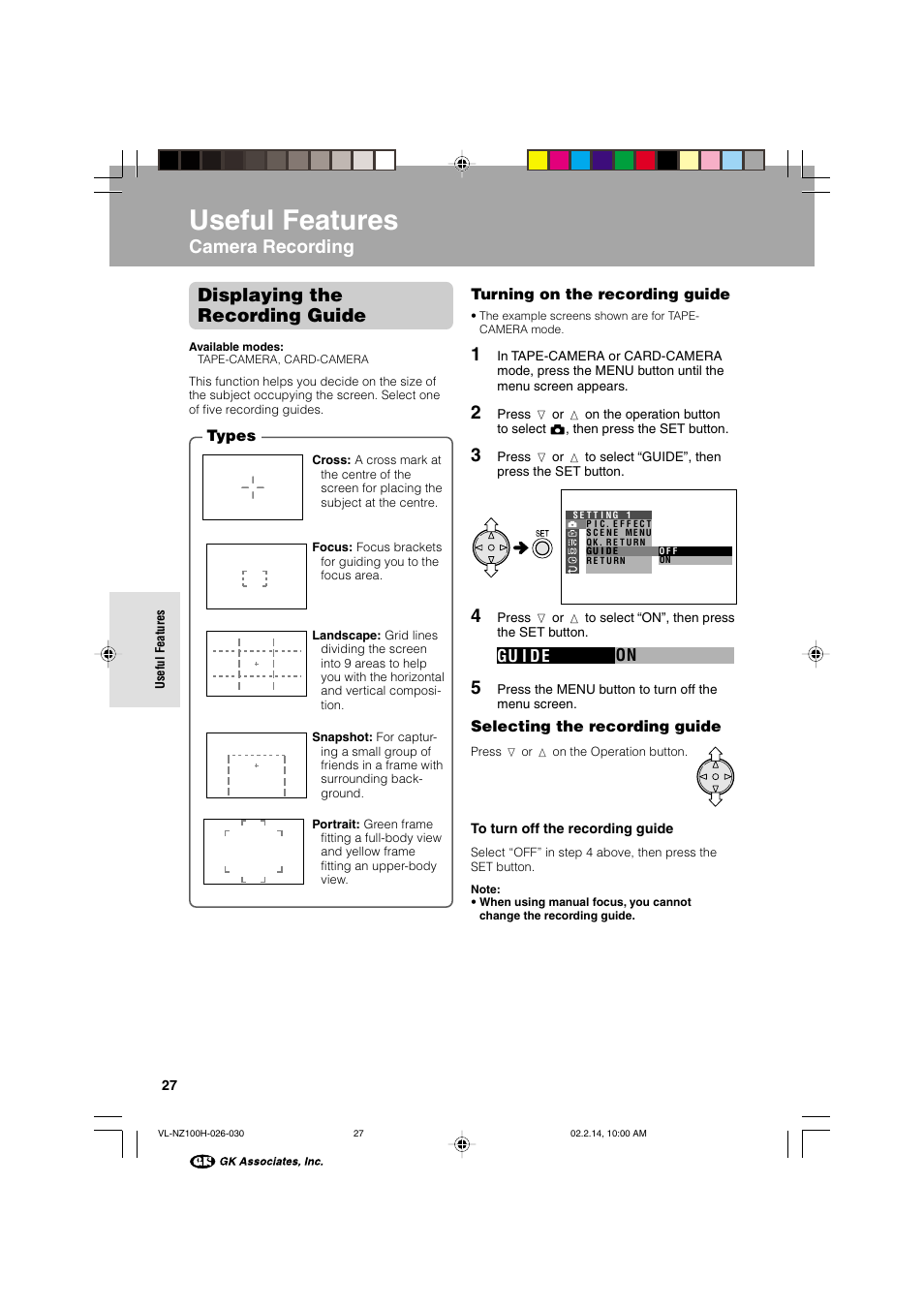 Useful features, Camera recording displaying the recording guide, On gu i de | Sharp VL-NZ100S User Manual | Page 38 / 91