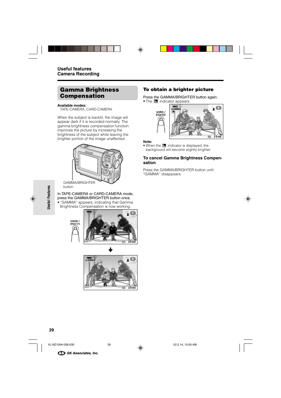 Gamma brightness compensation, Useful features camera recording | Sharp VL-NZ100S User Manual | Page 40 / 91