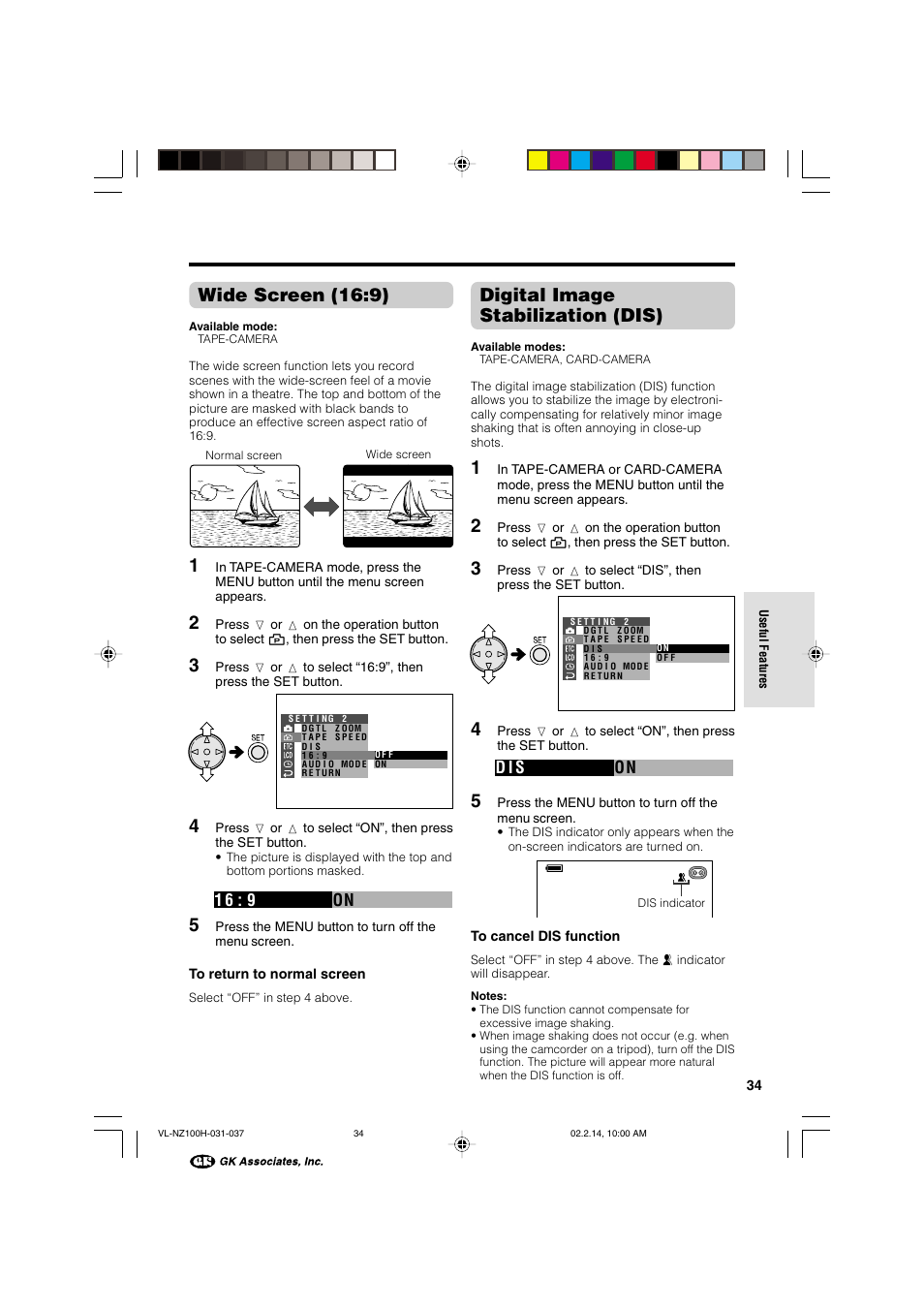 Wide screen (16:9), Digital image stabilization (dis), On 1 6 9 | On d i s | Sharp VL-NZ100S User Manual | Page 45 / 91