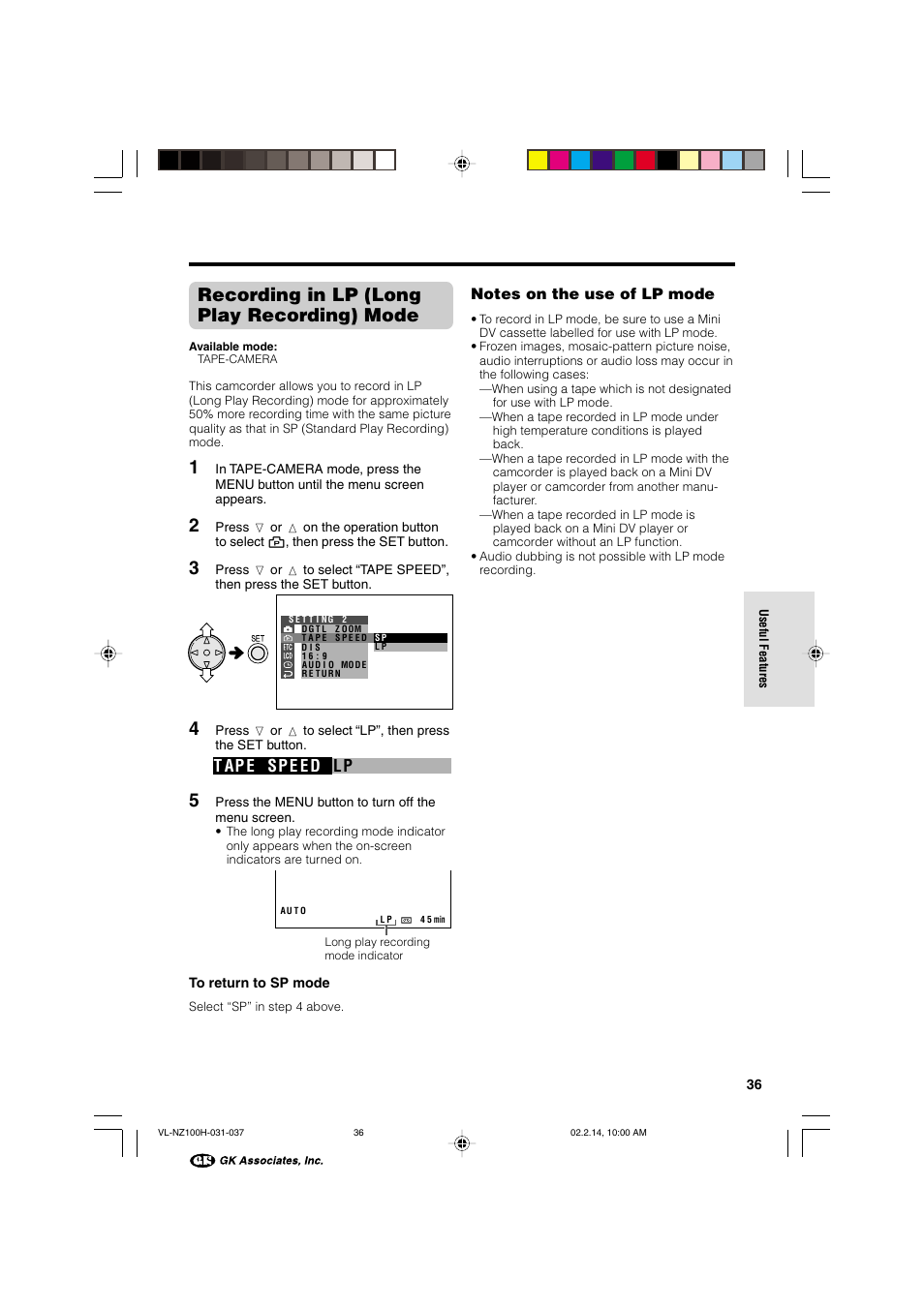 Recording in lp (long play recording) mode, Lp t ap e sp e e d | Sharp VL-NZ100S User Manual | Page 47 / 91