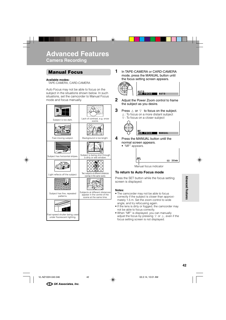 Advanced features, Camera recording manual focus | Sharp VL-NZ100S User Manual | Page 53 / 91