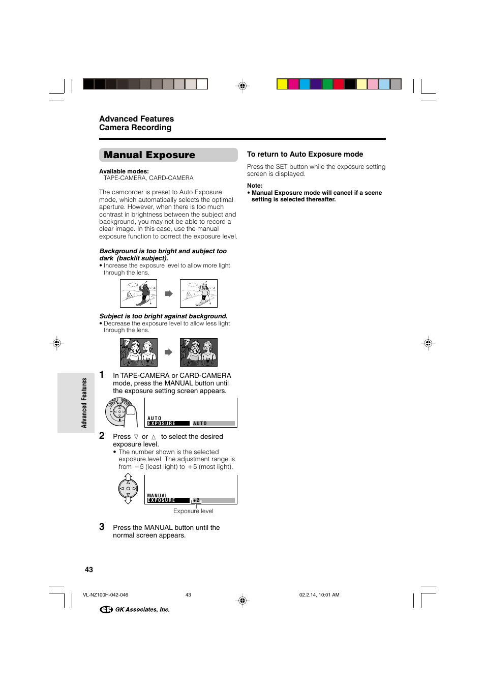 Manual exposure, Advanced features camera recording | Sharp VL-NZ100S User Manual | Page 54 / 91